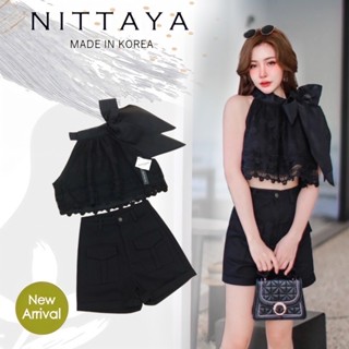 งานเซ็ตลูกไม้เสื้อดำ กางเกงขาสั้นสีดำ size m ป้าย nittaya