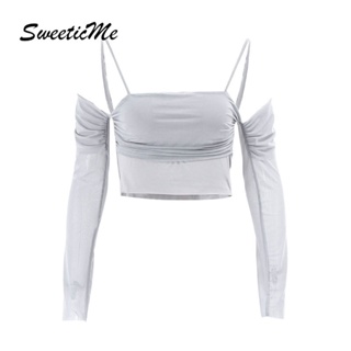 Sweeticme ใหม่ เสื้อยืดลําลอง แขนยาว เข้ารูป สีพื้น แฟชั่นสําหรับสตรี 2022