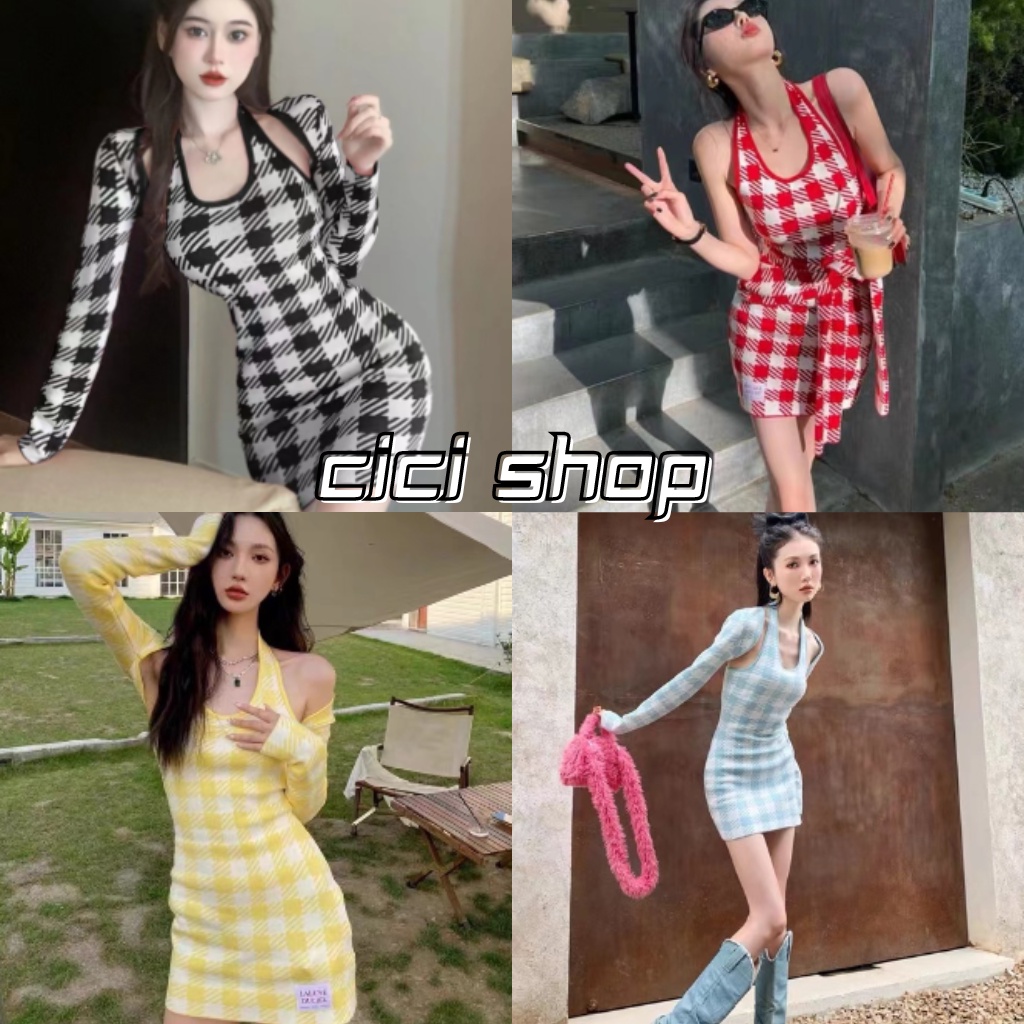 Cicishop(SALE/สุ่มสี 28628/28628-1)มินิเดรสคล้องคอ+เสื้อคลุมไหล่ไหมพรมลายชิโน ทรงสวยเข้ารูป สวยหรูแพงเวอร์