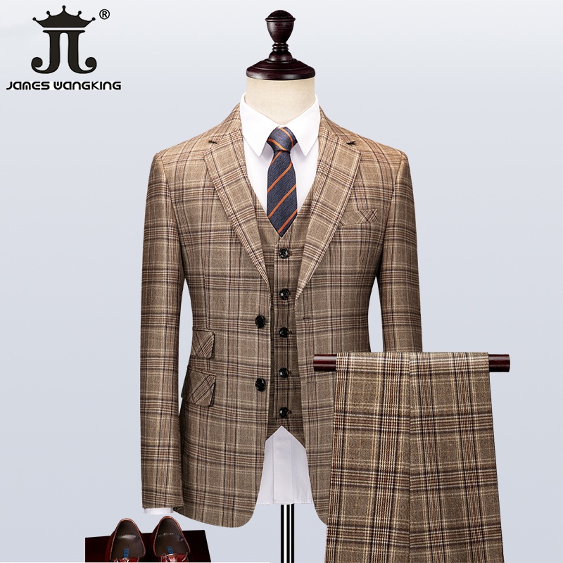 ( Jacket   Vest   Pants) 5XL Brown Retro Plaid Suit Spring and Autumn British Style Mens Suit Groom Wedding Dress Classi #4