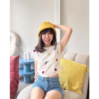 Fruit Embroidery Drawstring Crop Top