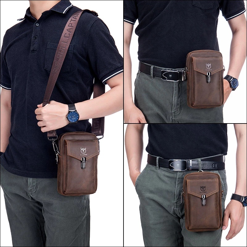 Bullcaptain Crazy Horse กระเป๋าคาดเอว กระเป๋าสะพายไหล่ อเนกประสงค์ ใส่โทรศัพท์มือถือได้ ขนาด 7 นิ้ว สีน้ําตาล สําหรับผู้ชาย