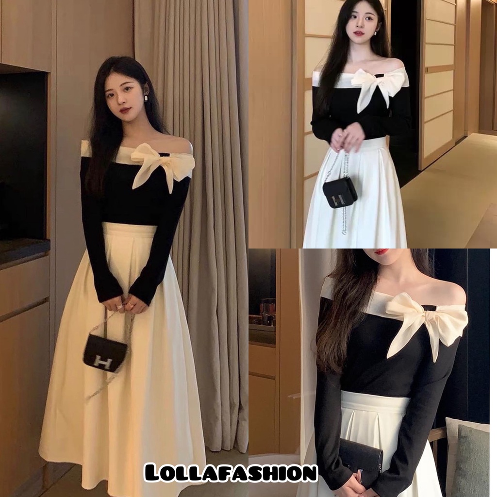 ‭[รายการ 3 ขนาด]: Ladys Set เสื้อกันหนาวผูกโบว์ไหล่ผสม Midi กระโปรงกระโปรงจีบยาวภาพจริง LOLLAYE SV.124