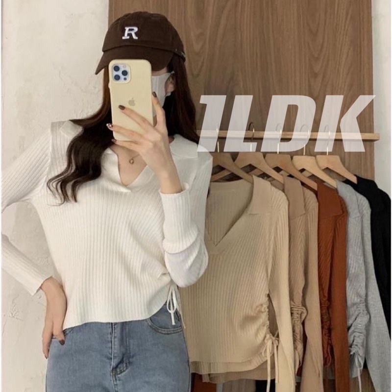 1LDK พร้อมส่ง เสื้อไหมพรม แขนยาว คอปก รูดข้าง ผ้าหนาใส่สบาย (8899-2)