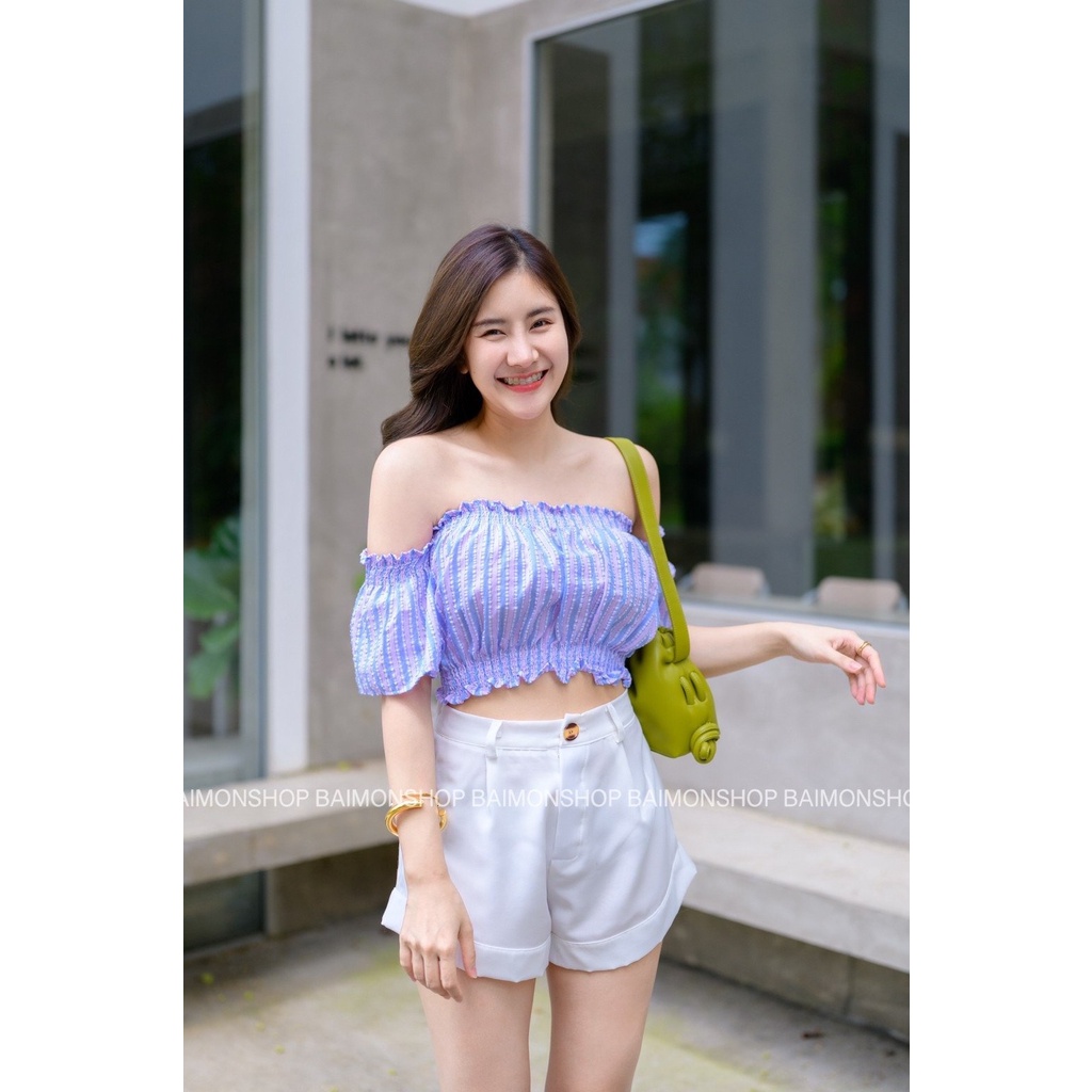 💰 MahahengCloset 💰เสื้อครอปสม็อคปาดไหล่ ฮิตสุดๆ น่ารักขนาดนี้ สีพาสเทล แฟชั่น (ปาดสม็อคริ้วหวาน)