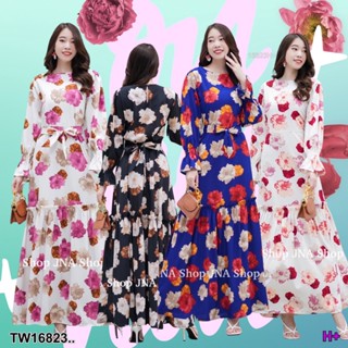 J16823 แม็กซี่เดรส แขนสม๊อค ลายดอก Maxi dress with smocked sleeves, floral print