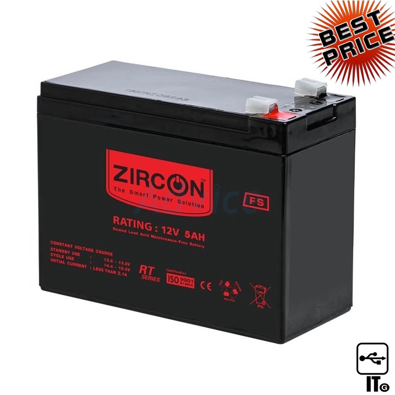 แบตคอม Battery 5.0Ah 12V Slim ZIRCON ประกัน 1Y แบตตารี่ สำรองไฟ