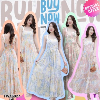 TwinsShopVip💗พร้อมส่ง TW16827 แม็กซี่เดรสแขนกุดแต่งระบาย ลายดอก..Sleeveless maxi dress decorated with floral p