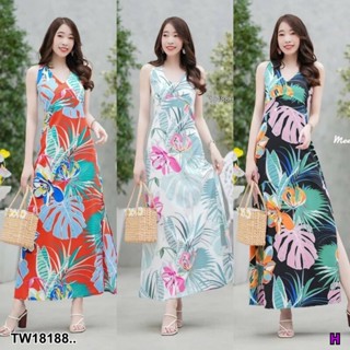 MM18188 เดรสยาวคอวี ลายใบไม้ Long dress, , leaf pattern..