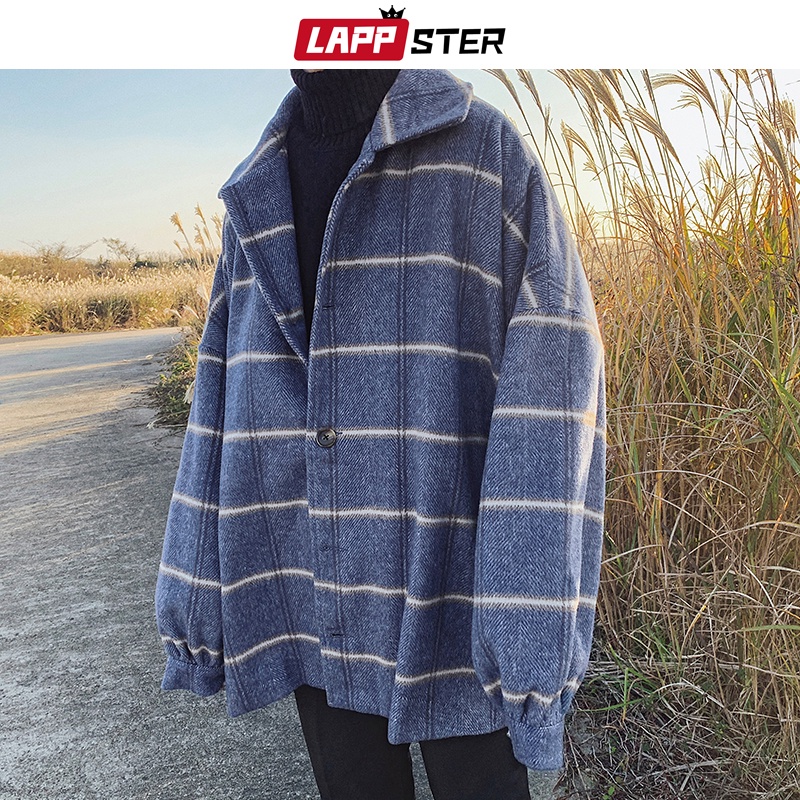 LAPPSTER Men Korean Style Plaid Overcoat 2022 Overcoat Wool Mens Streetwear Windbreaker Harajuku Fashions Oversize Jacke #3