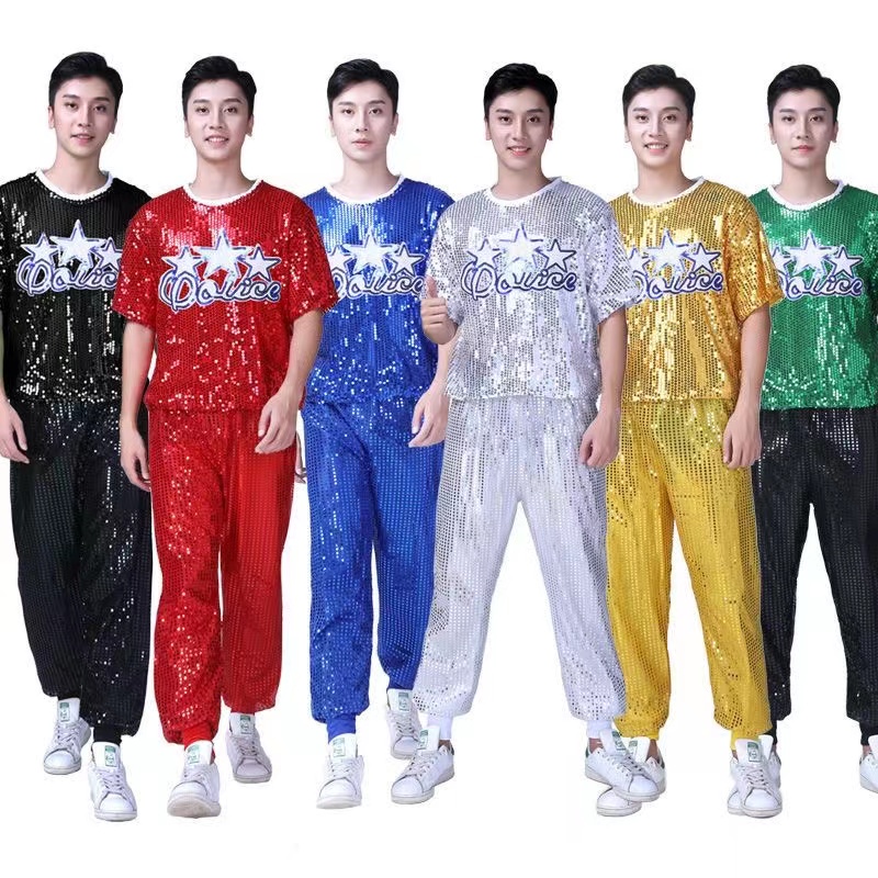 เสื้อยืดแขนสั้น ประดับเลื่อม สีทอง สีเงิน แวววาว ทรงหลวม สไตล์ฮิปฮอป เหมาะกับเต้นรํา สําหรับผู้ชาย 400