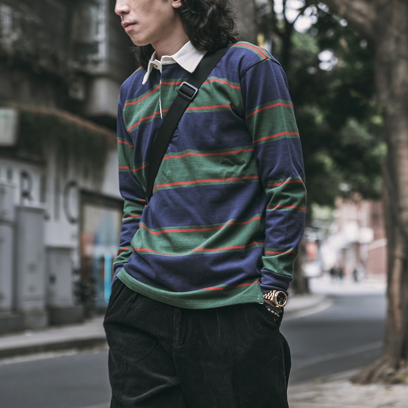 BNon Stock 290g Heavyweight Yarn-Dyed Stripe Long Sleeve Polo T-Shirt Top Men's IVY Vintage Casual Rugby Polo Shirts #1