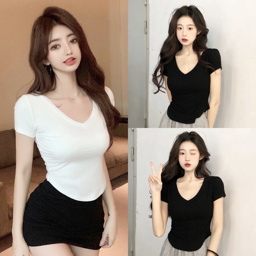 FC พร้อมส่งเสื้อยืดสีพื้น ทรงชายโค้งมน พอดีตัว คอวีแขนสั้น 2 สี