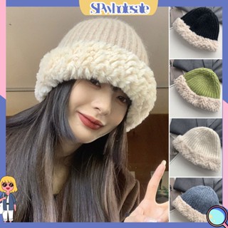 (SPwholesale) หมวกบีนนี่ ผ้าถัก ผ้ากํามะหยี่ขนนิ่ม ทรงบักเก็ต ให้ความอบอุ่น สีตัดกัน แฟชั่นฤดูใบไม้ร่วง และฤดูหนาว สําหรับกลางแจ้ง