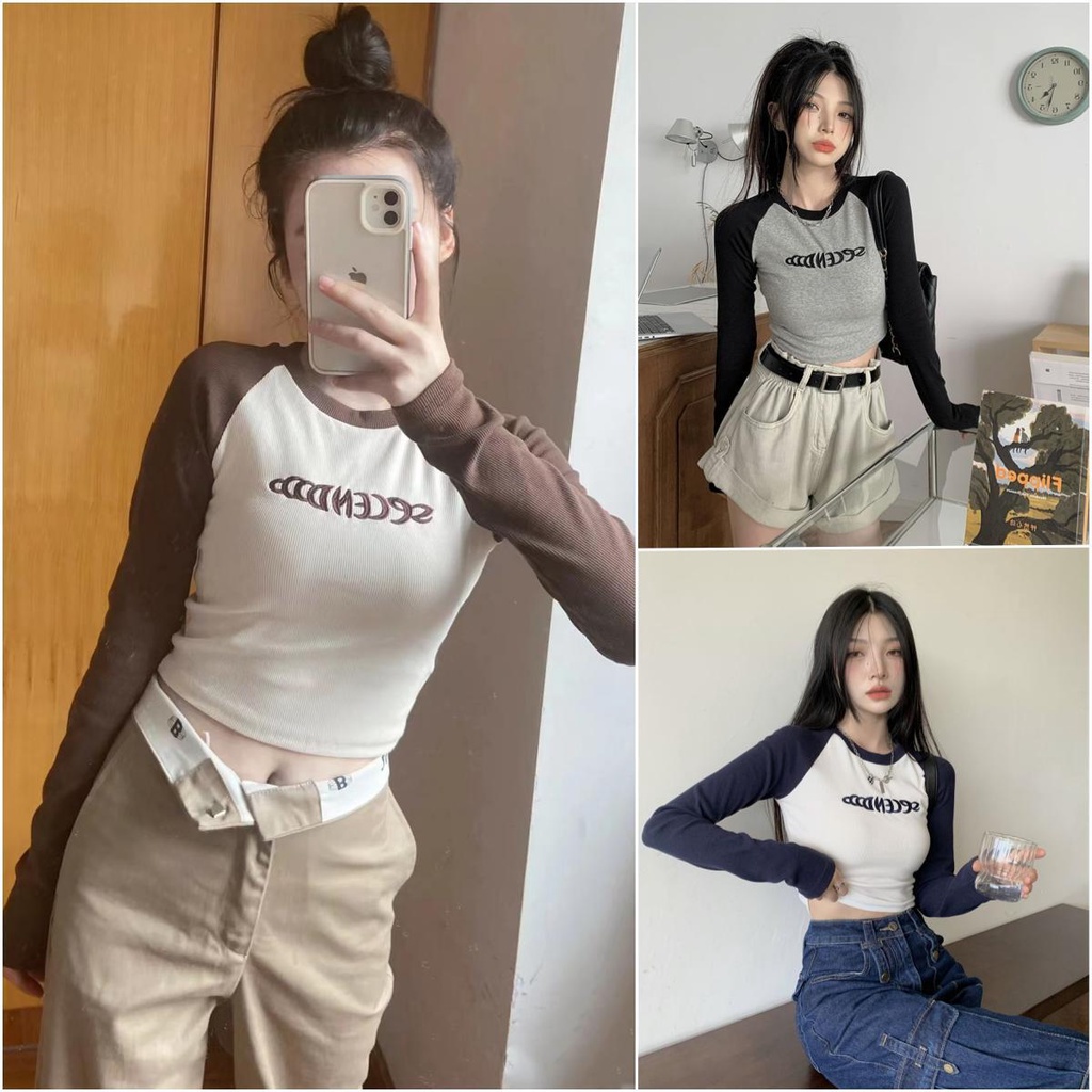 พร้อมส่ง เสื้อยืด เสื้อครอป สายฝอ แขนยาว ผ้าร่องใส่สบาย งานปักแน่นๆ เสื้อใส่เที่ยว ราคา น่ารักเนื้อผ้าดีนุ่ม