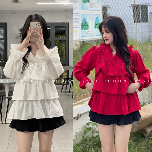 เสื้อเชิ้ต babydoll แขนยาว เสื้อเชิ้ตผู้หญิงวินเทจสีขาว เสื้อเชิ้ตผู้หญิงหลายชั้นมีระบาย PLA89 (Original PICTURE)