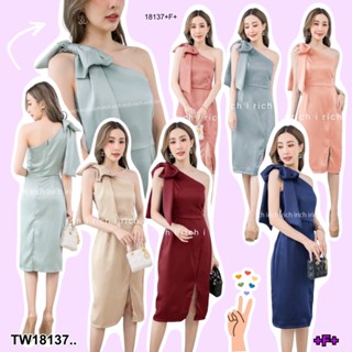 👗Pfashion [ส่งไว!!🚛] P18137 เดรสไหล่เบี่ยง โบว์ใหญ่ ..