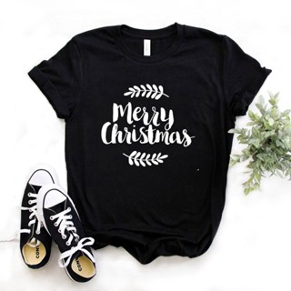 เสื้อยืด Merry Christmas leaf Print Women tshirt Cotton Casual Funny t shirt Gift For Lady Yong Girl Top Tee 6 Color