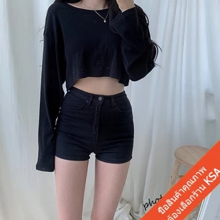 ☀️KSA☀️เสื้อยืดครอปแขนยาวผู้หญิงสไตล์เกาหลี สีพื้น เสื้อผ้ามินิมอลวัยรุ่นน่ารัก