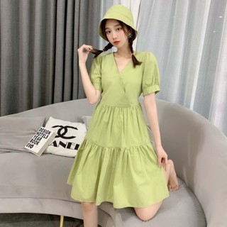 ✅ SALE Dress Korean เดรสสั้น คอวีแขนสั้น แถมหมวกเข้าชุด อก 36" M L สีเหลือง ม่วง ดำ เขียว พร้อมส่ง