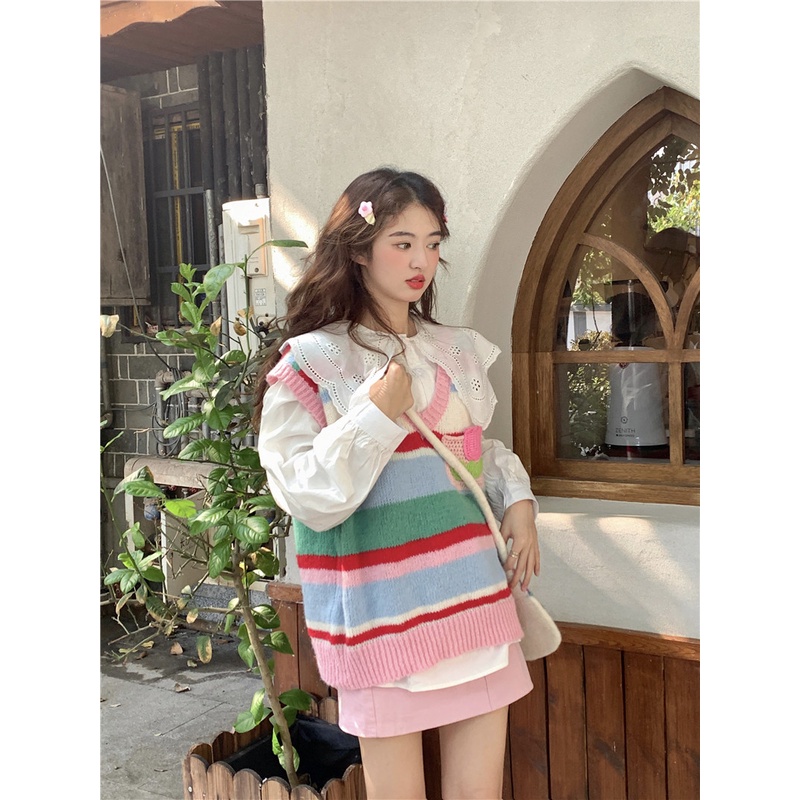 (พร้อมส่ง) Rainbow cute sweater 🍤🍦C3680 เสื้อสเวตเตอร์ เสื้อกันหนาว