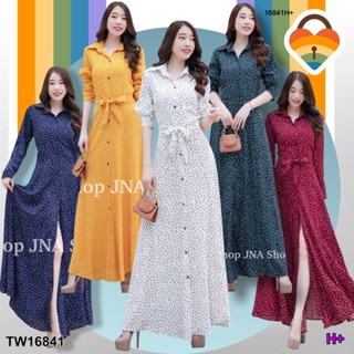 TwinsShopVip💗พร้อมส่ง TW16841 แม็กซี่เดรสปกเชิ๊ต กระดุมหน้า ลายจุดเล็ก..Maxi dress, shirt cover, front buttons