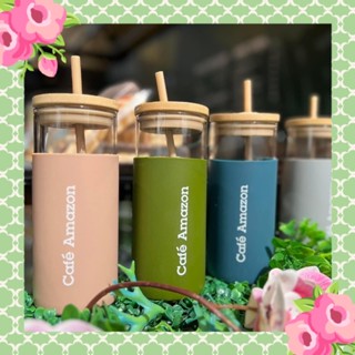 [สีเขียวพร้อมส่ง💚]แก้วคอลเลคชั่นใหม่ Cafe’ Amazon💕 แก้วหุ้มปลอกซิลิโคนสุดน่ารัก