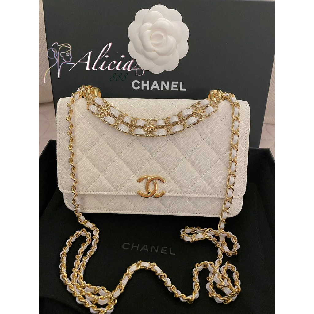 CHANEL 22K WOC with Double Chain White Caviar Leather GHW Crossbody Bag AP3019