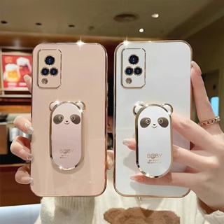 Casing Realme 10 4G C33 C30S C30 C31 C35 Narzo 50A Prime C21 C21Y C25Y C17 7i Cute Panda Stand 6D Straight Edge Electroplate Soft Thin Fine Hole Lens Protection Phone Case MMT 08