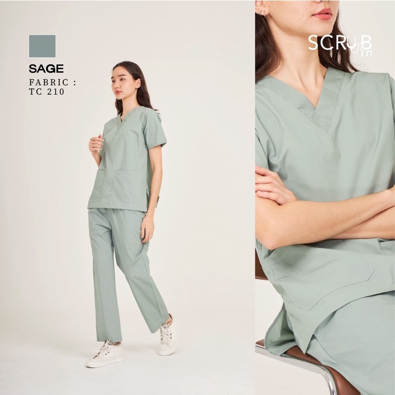 Scrub in | เสื้อ-กางเกงสครับ unisex สี Sage รุ่น TC210