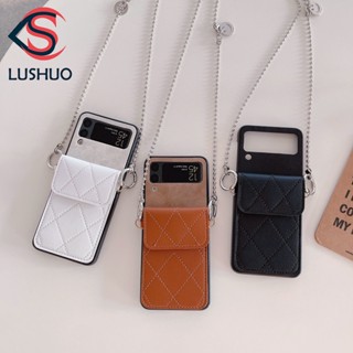 Lushuo เคสโทรศัพท์มือถือหนัง พร้อมช่องใส่บัตร และสายคล้องไหล่ สําหรับ Samsung Galaxy Z Flip 3 5G Z Flip 4 Z Flip3 ZFlip3 ZFlip 3 Z Flip4 ZFlip 4 ZFlip4