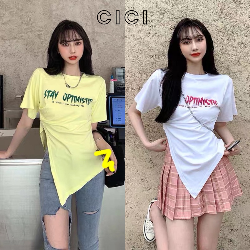 ส่งทันที Cici(NO. 83484)Mini t-shirt เสื้อยืดสกรีนลาย ดีเทลชายไม่เท่ากัน ทรงสวยใส่จับคู่แมตช์ง่ายสไตล์เกาหลี
