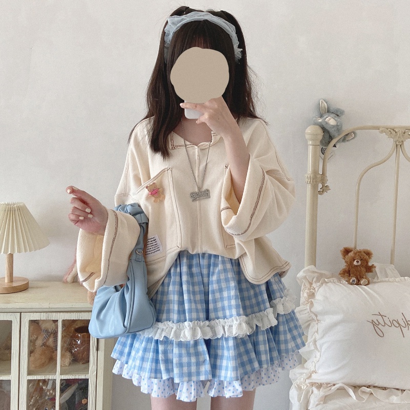 Kawaii Blue Plaid Lolita Mini Skirts Women Japan Sweet Polka Dot Print Ruffles Lace Patchwork JK Skirt Girl Princess Par #4