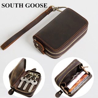 SOUTH GOOSE Genuine Leather Key Wallets Men Retro Car Key Case Cowhide Double Zipper Keys Organizer Coin Pouch Women Hou