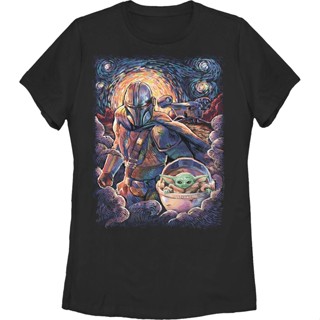 Womens Starry Mandalorian And Child Star Wars Shirt เสื้อยืดสีขาวผู้หญิง เสื้อสีขาว