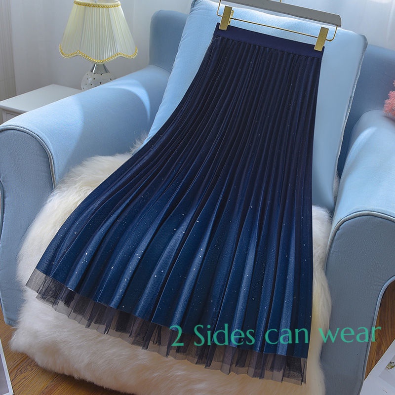 [2 ด้านสามารถสวมใส่] กระโปรงยาว midi skirt เกาหลีสีทึบยางยืดเอวสูงทรงเอสีดํากระโปรงยาวพิมพ์จีบสําหรับผู้หญิง