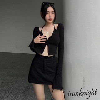 Ironknight- เสื้อยืดแขนยาว สีพื้น ผ่าข้าง ติดกระดุม และบราคล้องคอ สําหรับผู้หญิง