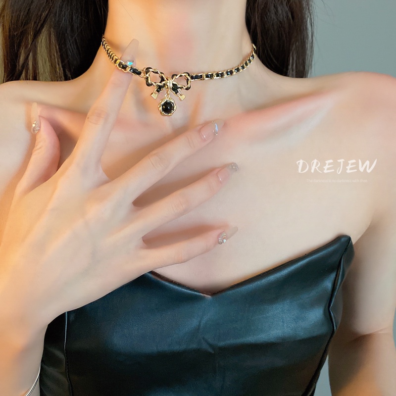 DREJEW สร้อยคอโซ่ หนังวัวแท้ ชุบไฟฟ้า ประดับเพชร โบว์ หรูหรา ไม่เหมือนใคร