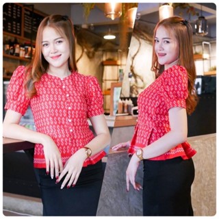 เสื้อแขนตุ๊กตาลายขอ สีแดง ใส่เที่ยว ใส่ทำงานสวยๆ