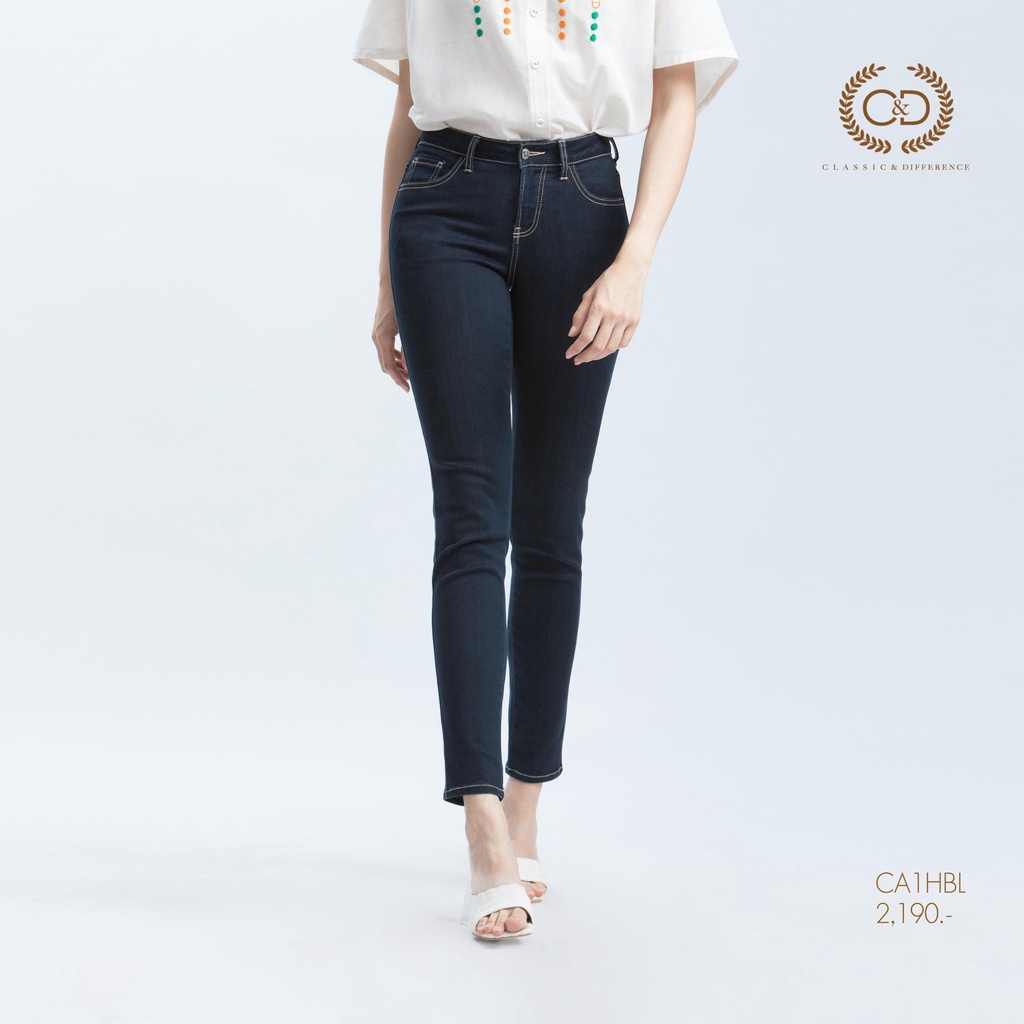 C&D กางเกงยีนส์ กางเกงผู้หญิง ขายาวทรงสกินนี่ สีเข้มเย็บด้วยด้ายสีครีม เนื้อผ้าคอตตอน ซีแอนด์ดี (CA1
