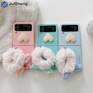 Jusheng All-in-One เคสโทรศัพท์มือถือ ผ้ากํามะหยี่ขนนิ่ม แต่งหูกระต่าย พร้อมสายคล้องข้อมือ แฟชั่น สําหรับ Samsung Z Flip4 Z Flip3