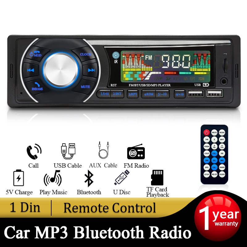 เครื่องเล่น MP3 วิทยุ FM บลูทูธ 12V AUX 1din สําหรับรถยนต์