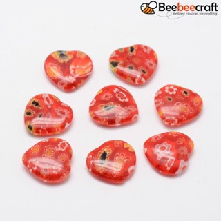 แก้วแฮนด์เมด Millefiori Cabochons รูปหัวใจ สีแดง ขนาด 15x16x4 มม. 5 ชิ้น