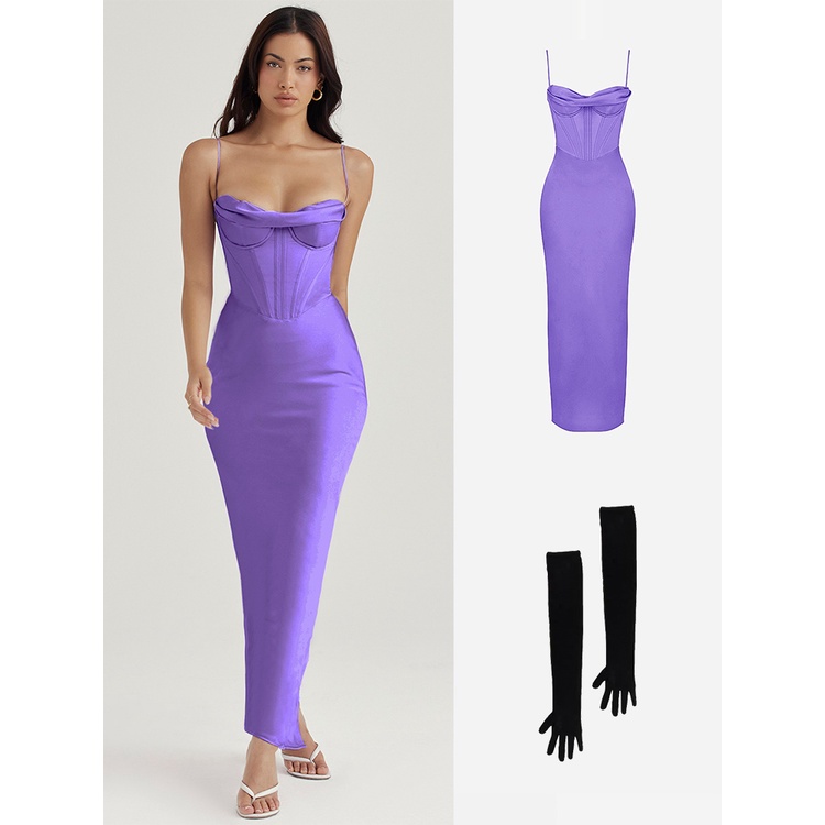 ABodycon Satin Maxi Dress Sexy Long Prom Evening Party Dresses With Glove Purple V Neck Spaghetti Strap Dresses For Wome