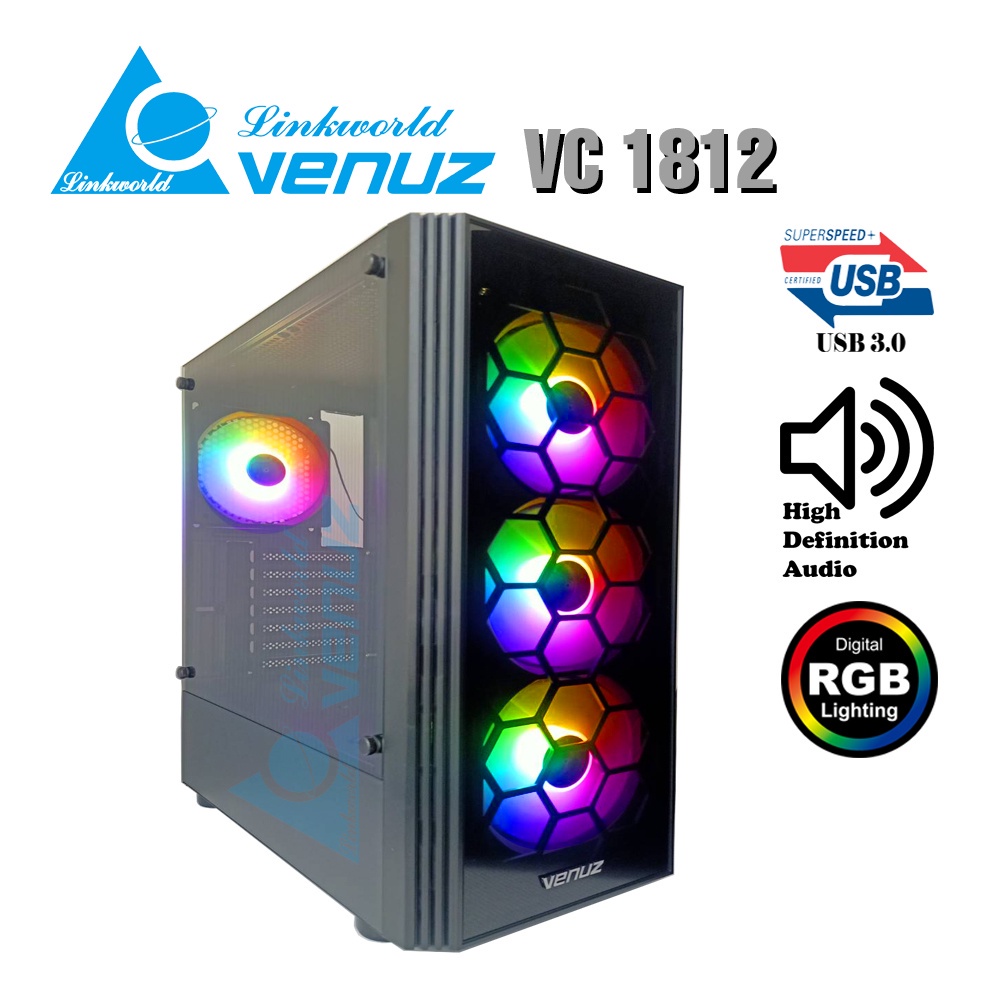 VENUZ ATX Mid Tower Tempered Glass Gaming Case VC 1812 with Rainbow RGB Fan  Black