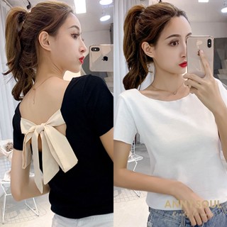 พร้อมส่ง  เสื้อเเขนสั้นคอกลม  เสื้อยืดเซ็กซี่  เสื้อยืดเเขนสั้นสีเรียบๆ  เสื้อยืดมีสายผูกโบว์  โชว์หลังสีขาว