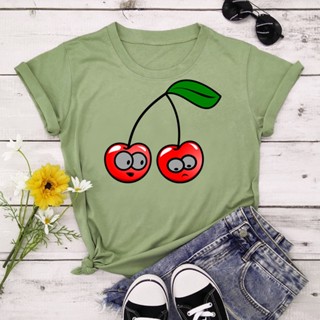 เสื้อยืด Cute Cherry Women T Shirt O-neck Short Sleeve Tshirt Cotton Graphic T-shirt Top