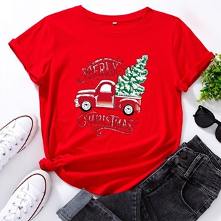 เสื้อยืด Track Christmas Tree T Shirt Women Short Sleeve Graphic Tshirt Ladies Loose O-Neck Tee T-shirt