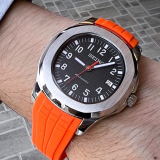 SEIKONUAT Black Waffle Dial Silver Case with Orange Waffle Rubber Strap