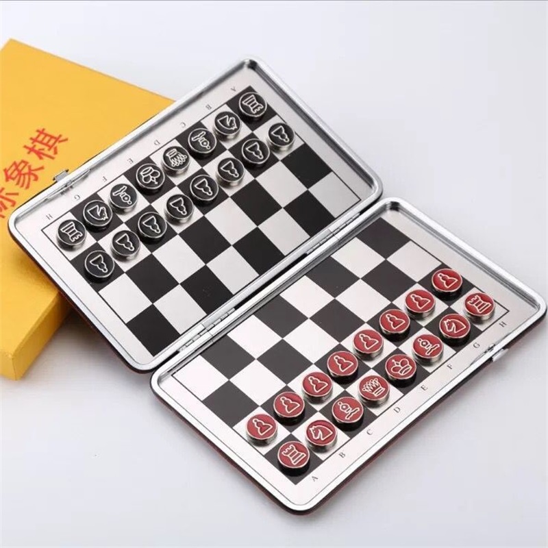 PU Leather Foldable Chessboard Aluminum Alloy Chess Pieces Mini Magnetic Chess Pieces Children's Edu